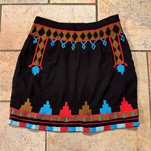 Roja Collection Black Turquoise Red Brown Aztec Embroidered Skirt Size Small NWT